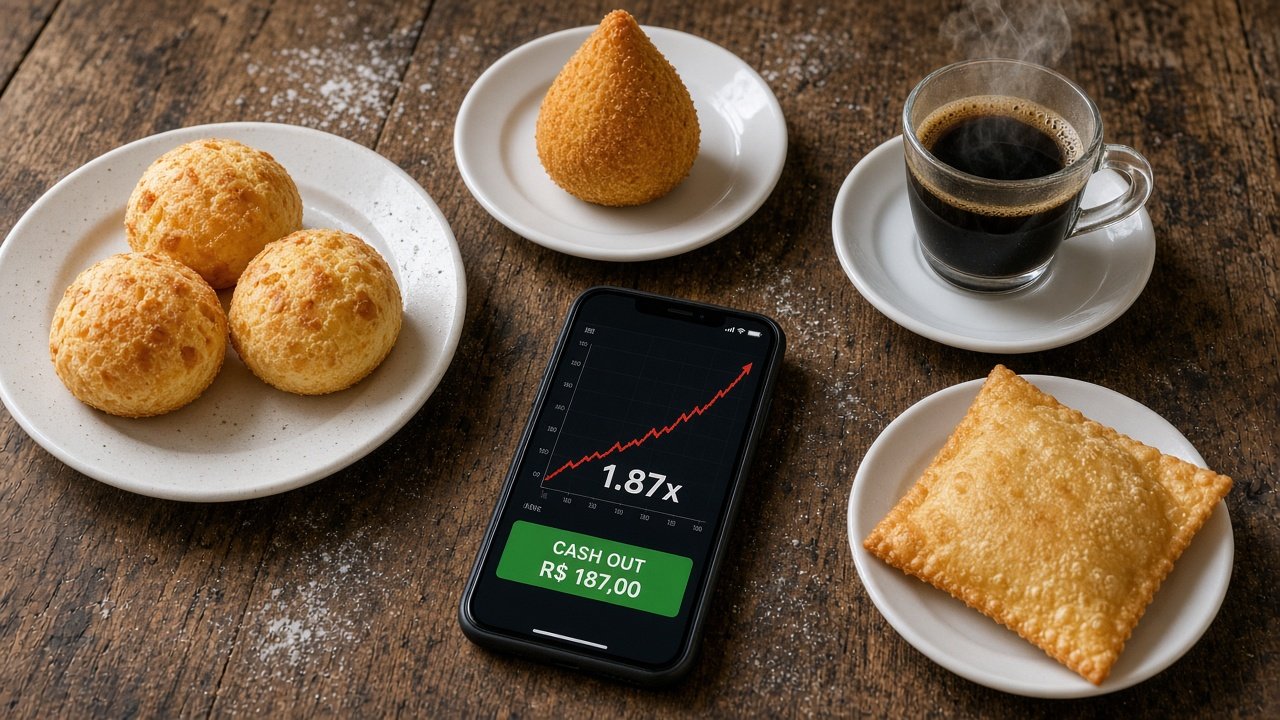 Mesa de almoço de padaria com pão de queijo, café, salgados e um celular mostrando o jogo Aviator em 1,87x
