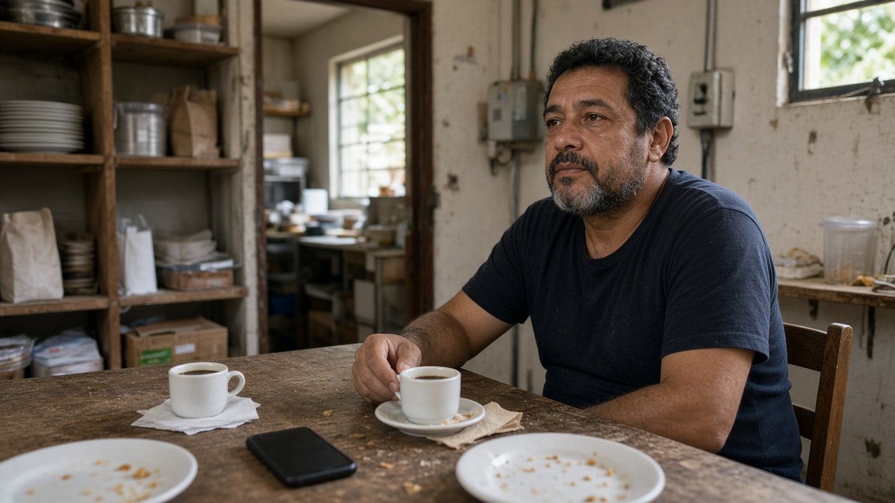 Mesa de intervalo de padaria com xícaras de café e restos de lanche