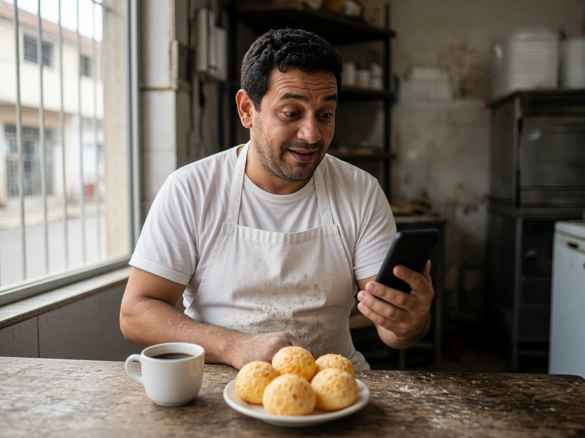 Padeiro de avental branco no intervalo do almoço, sentado à mesa de madeira com o celular na mão